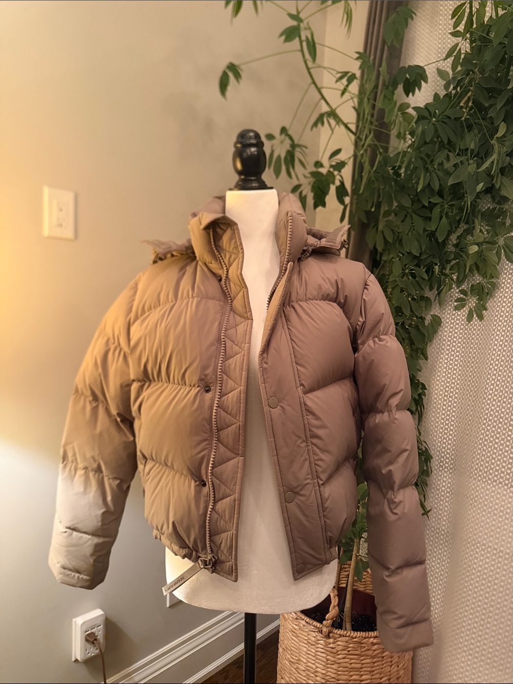 Aritzia Taupe Cropped Puffer Jacket with Hood
